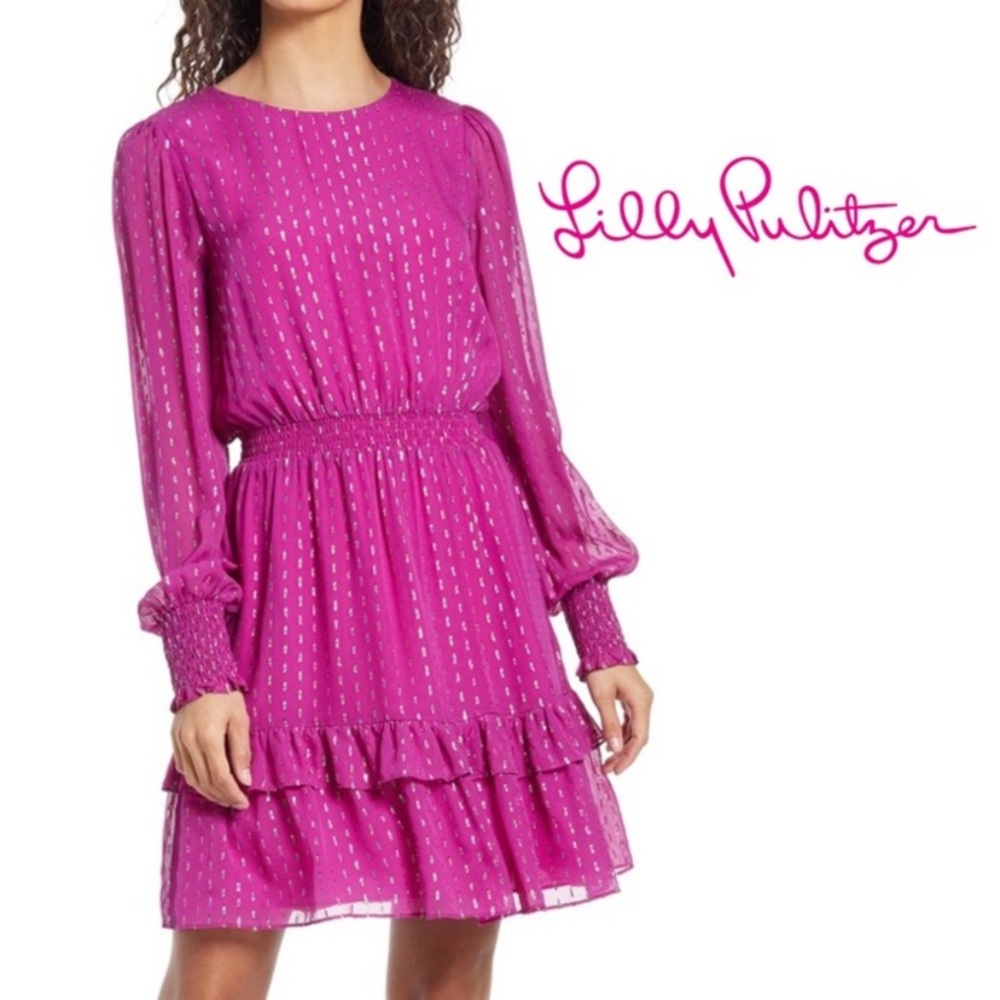 Lilly Pulitzer Dotti Silk Metallic Pink Long Sleeve Dress size 12